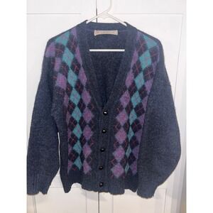 Vintage ireland Sweater Large Grandpa Core argyle teal Purple blueWool 80s